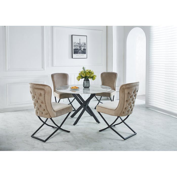 Lot 4 Chaises Salle à Manger Gabrielle Velours Taupe Capitonné Pieds Métal Noir