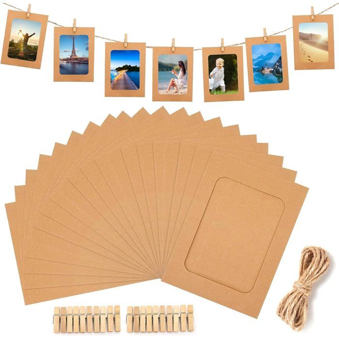 Kit 40 Cadres Photo En Carton + Pinces En Bois + Cordes Jute - DIY Décoration Murale - Pour Fête, Anniversaire