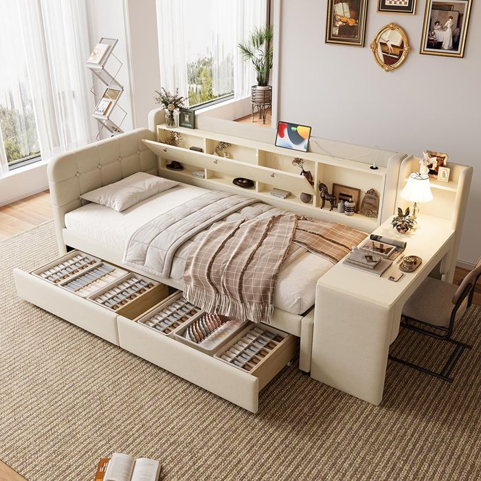 Lit Combine Lit de jour 90x200 cm canapé-lit avec bureau 2 tiroirs USB-C rangements lin beige