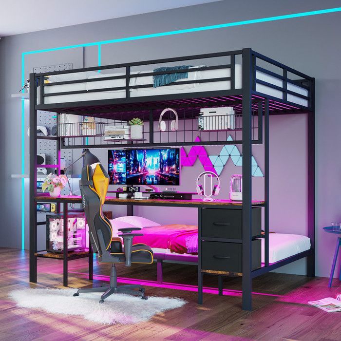 Lit mezzanine gaming 90x200 et 140x200cm lit enfant en métal avec tiroirs bureau LED port USBcadre de lit avec sommier à