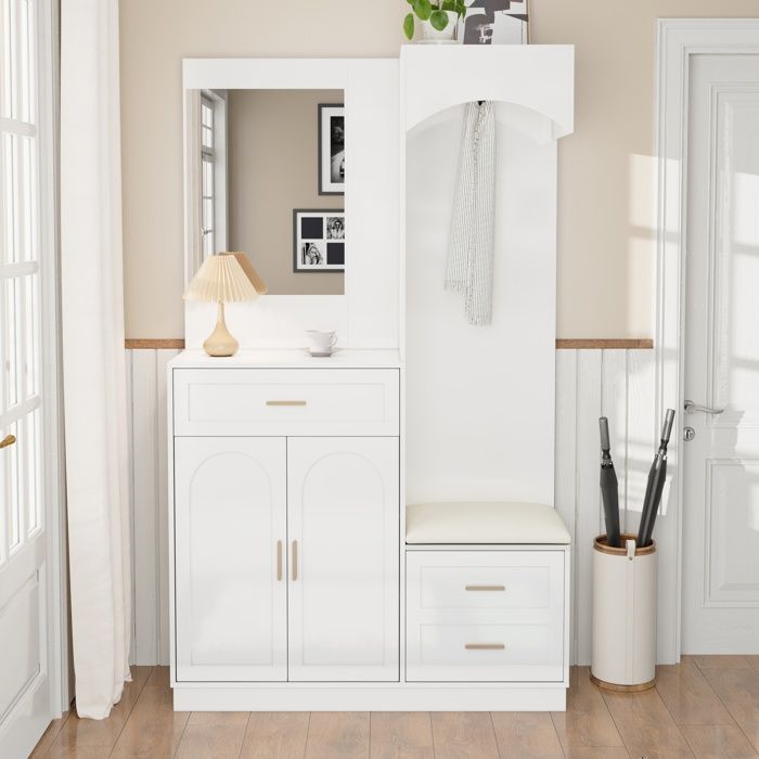 Merax Meuble d’entrée Moderne avec Miroir Armoire Banc à Chaussures et Tiroirs – Vestiaire Compact Blanc110×33×185 5 cm Merax Meuble d’entrée Moderne avec Miroir Armoire Banc à Chaussures et Tiroirs – Vestiaire Compact Blanc110×33×185 5 cm