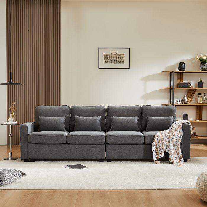 Canapé 4 places moderne 264 x 83 x 87cm canapé droit de Salon avec 4 coussins et poches latérales dossier rembourré Lin Gris foncé