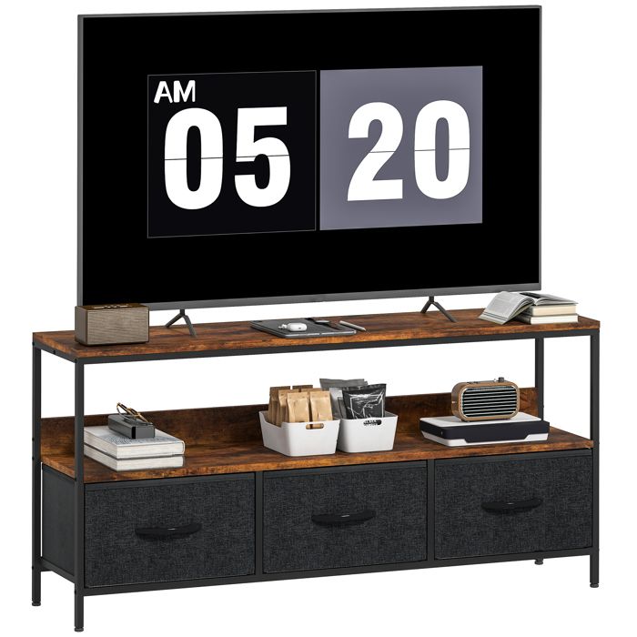 Meuble TV - HOMCOM - pour téléviseur jusquà 55 pouces - 1 étagère 3 tiroirs pliables - 120 x 29 x 56 cm - brun rustique Meuble TV - HOMCOM - pour téléviseur jusquà 55 pouces - 1 étagère 3 tiroirs pliables - 120 x 29 x 56 cm - brun rustique