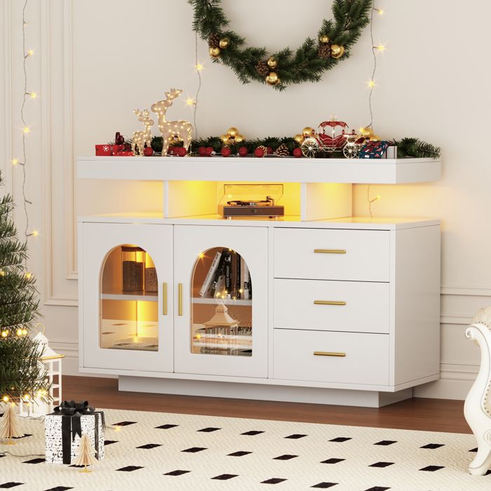 OKWISH Buffet Moderne 120x40x80 cm - Avec LED 3 Tiroirs et 2 Portes Rangement ouvert - Design Brillant - Blanc OKWISH Buffet Moderne 120x40x80 cm - Avec LED 3 Tiroirs et 2 Portes Rangement ouvert - Design Brillant - Blanc