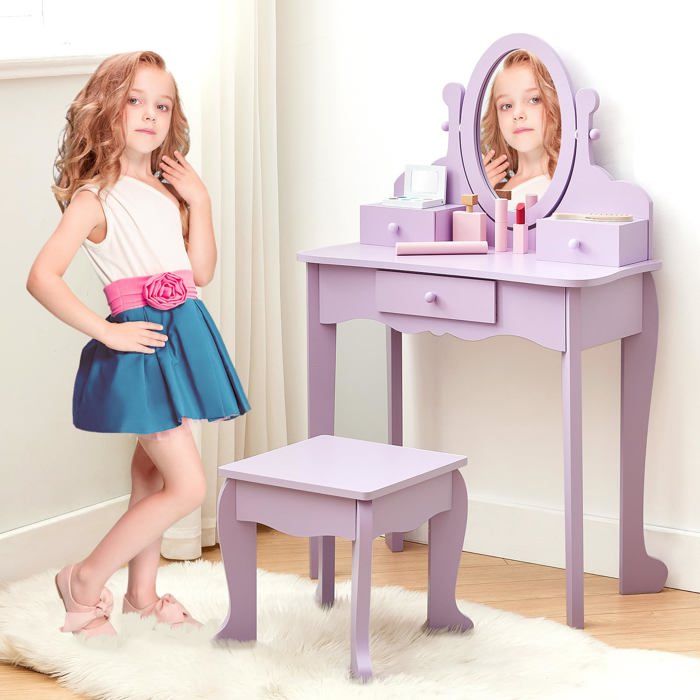 Coiffeuse Enfant Avec Miroir Et Tabouret - Pour Filles, Thème Princesse - À Monter