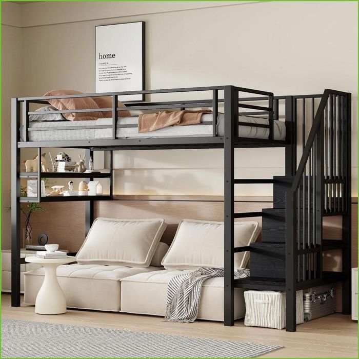 Lit Enfant Haut de Gamme - 90x200cm avec Rayons Échelle à Rangement Espace Sous-Lit & Rampe de Sécurité - Noir (Sans Matelas)