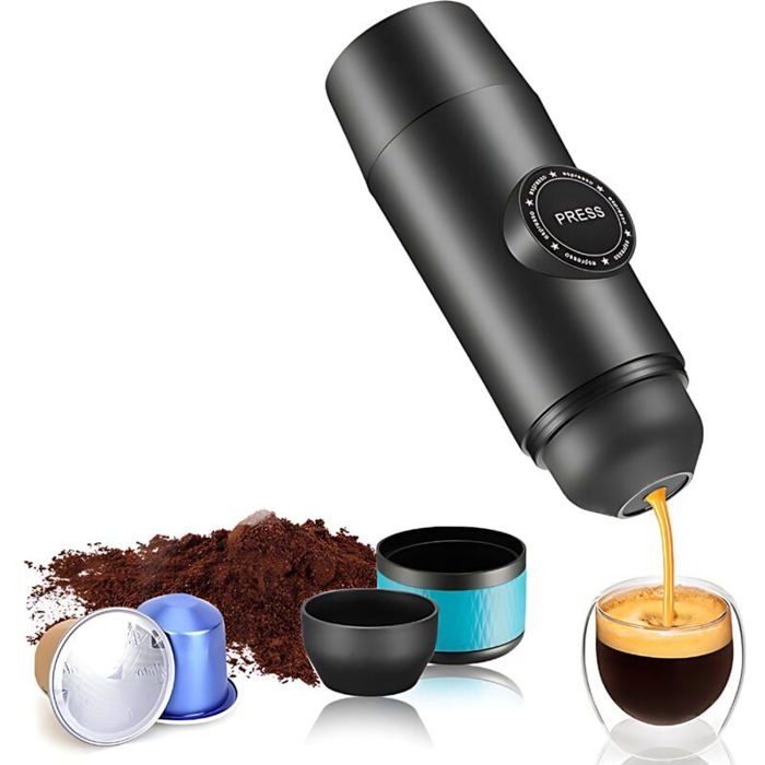 Machine à café expresso portable sans fil DENOKIN avec affichage numérique, fonction de chauffage, réservoir d'eau de 80 ml, cafetière à capsules 3 en 1 20 bars pour voiture et camping  6