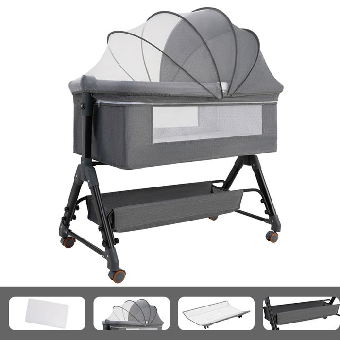 Lit Bébé Berceau Cododo pour Bébé 0-36 Mois Hauteur Réglable Lit Cododo avec Matelas Panier de Rangement Table à Langer - Gris