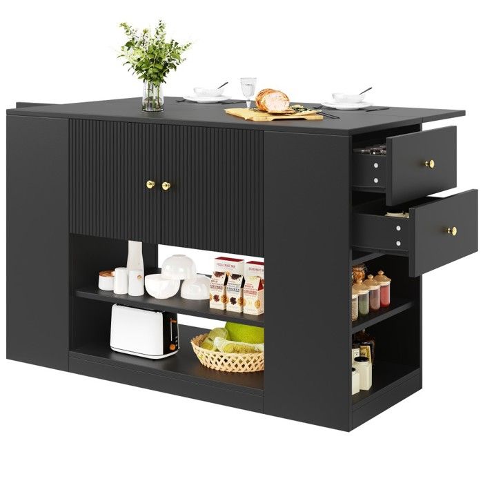 Îlot Central Moderne Noir 140x40x90cm - Meuble de Cuisine et Salle à Manger avec Buffet Vaisselier Tiroirs et Étagères Intégrés
