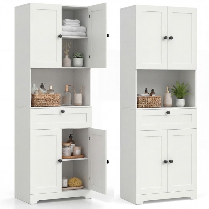 COSTWAY Armoire de Salle de Bains avec 4 Portes 1 Tiroir Compartiment Ouvert Étagère Réglable pour Salon Cuisine Blanc
