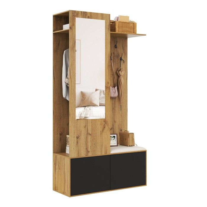Ensemble Multifonction Entrée avec 5 Patères Miroir Meuble à Chaussures et Rangement Caché Ensemble Multifonction Entrée avec 5 Patères Miroir Meuble à Chaussures et Rangement Caché