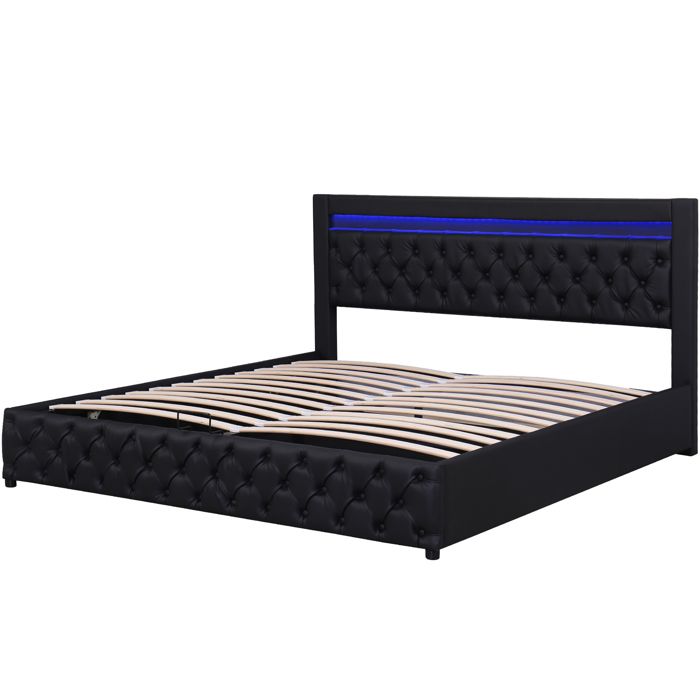 Lit coffre 180x200 cm - Lit double avec éclairage LED et espace de rangement - Lit capitonné en cuir PU - Sans matelas - Noir