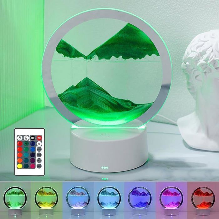 Lampe de Sable 3D Sablier Décoratif à Changement de Couleur RVB Image Dynamique Rotative à 360° Peinture Qui Coule pour Vert