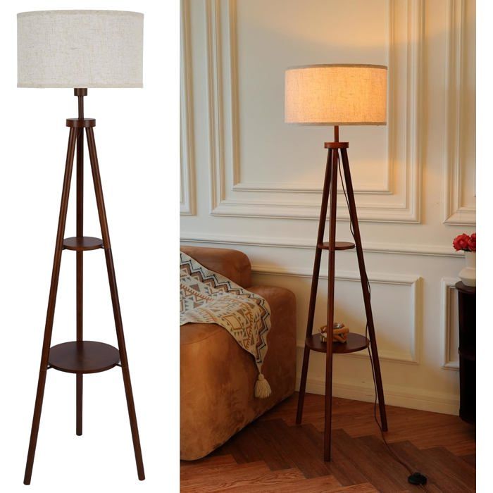 Lampadaire Trépied Bois avec Tablette Abat-Jour Tissu Style Vintage Noyer Interrupteur au Pied H154 cm Douille E27