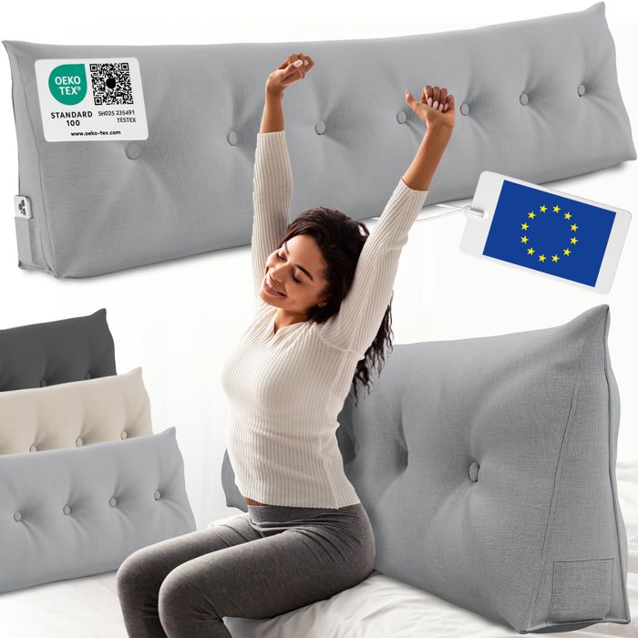 ELONEO coussin dossier lit 200 cm coussin triangulaire de lecture cale-dos avec housse lavable et poche latérale gris