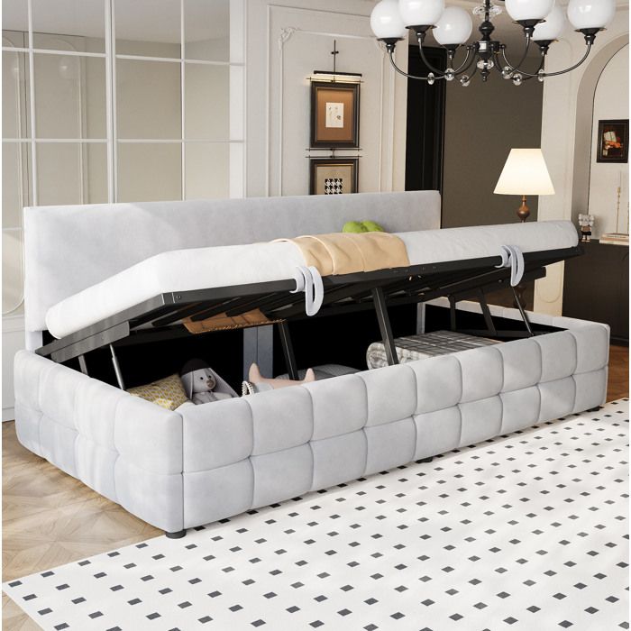 Lit banquette 90 x 200 cm en velours gris clair avec rangement hydraulique