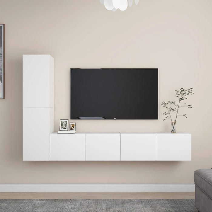 Meuble TV - Maison Exclusive - Blanc mat - Bois dingénierie - Suspendu grand rangement