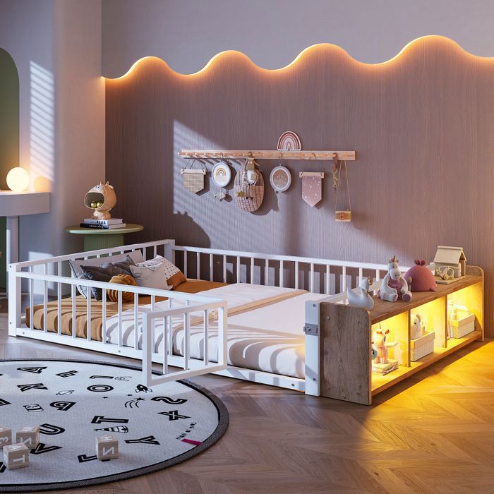 Lit double en Métal 140x200cm avec Éclairage LED Intégré - Lit enfant avec Rangements et Barrière de Sécurité - blanc