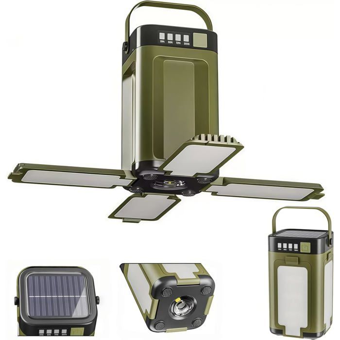 Lanterne de camping solaire - OKZ® - Rechargeable par USB - Éclairage 360° - 4 lames pliables - 6 modes de lumière LED