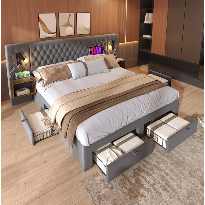 ULEVR Lit double 180x200 cm gris en velours 2 tables de nuit 4 tiroirs lampes de lecture USB Type C sans matelas