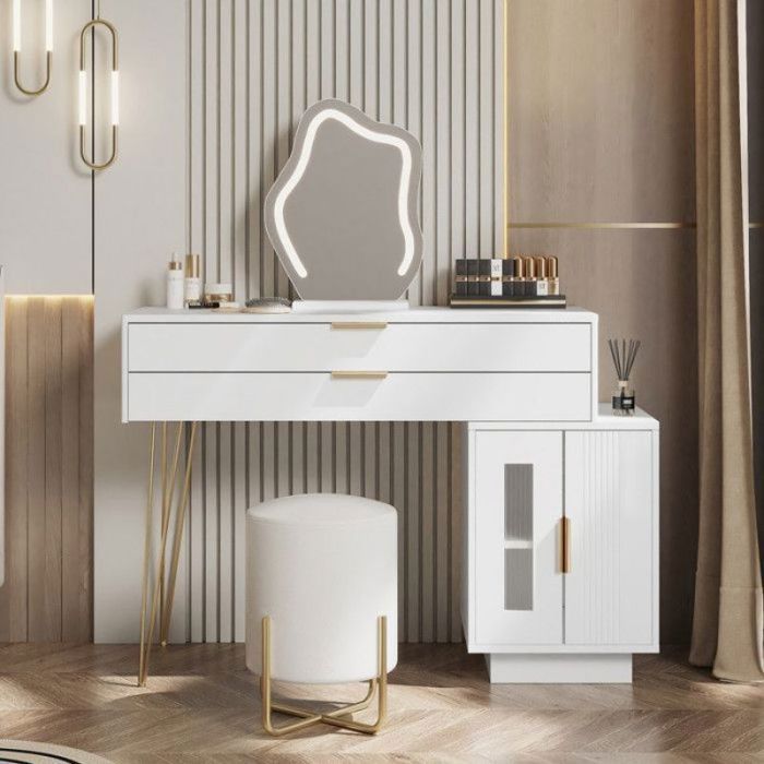 Coiffeuse avec miroir éclairé par LED coiffeuse blanche avec Design extensible coiffeuse moderne pour Chambre à coucher COIFFEUSE