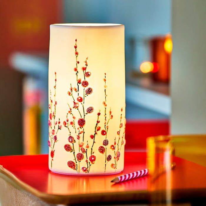 Lampes a poser - Nature & Découvertes : Lampe de table artisanale rose en porcelaine motif floral - Blanc
