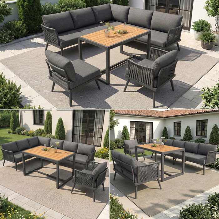 Mobilier de balcon ou de terrasse pour sept personnes canapé de jardin en forme de L avec table basse et fauteuil en bois gris