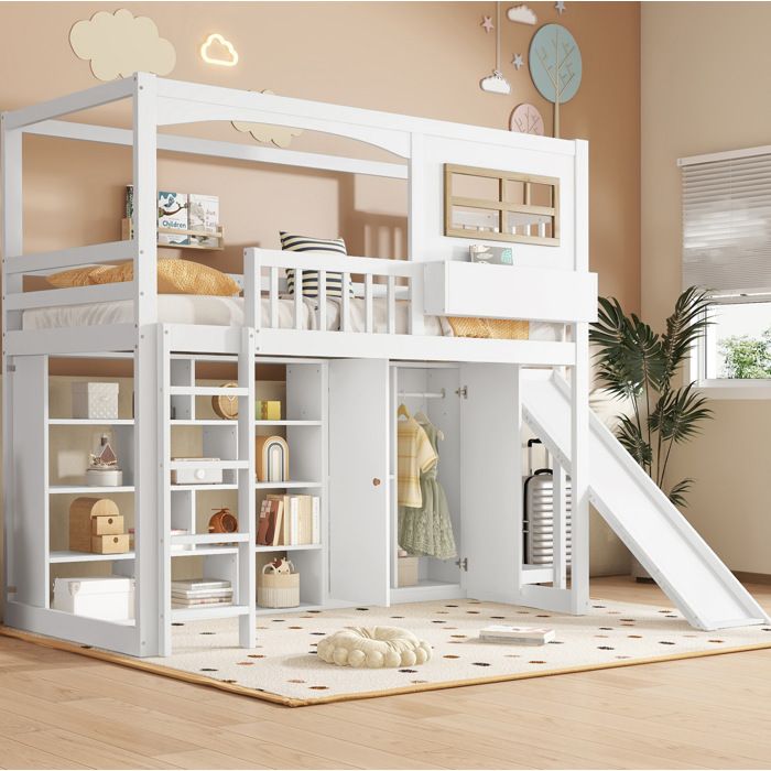 ULEVR Lit superposé enfant 90x200 cm avec toboggan armoire rangements échelle 4 marches blanc
