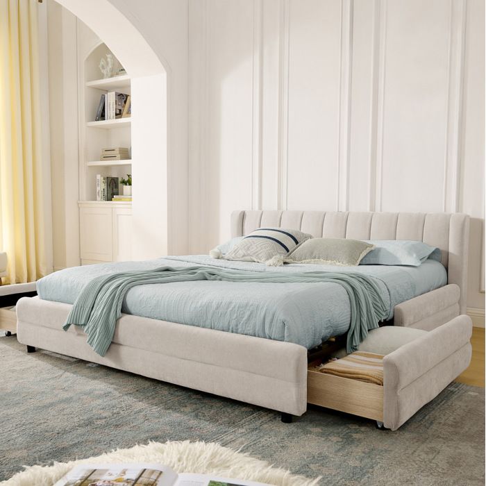 ULEVR lit double 140 x 200 cm beige en chenille avec 4 tiroirs latéraux USB et Type-C sommier à lattes