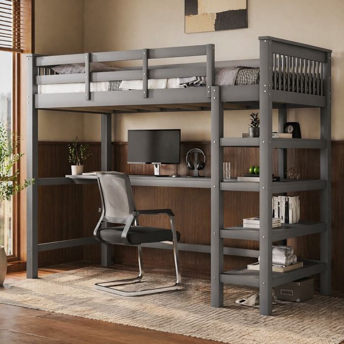 ULEVR lit mezzanine enfant 90 x 200 cm avec bureau sous le lit étagères latérales pin et MDF gris sans matelas