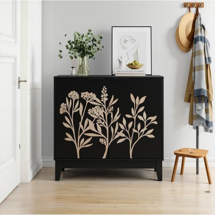 Buffet bas vintage 80 cm avec 2 portes et étagère réglable MDF noir pour salon salle à manger cuisine - UVRION