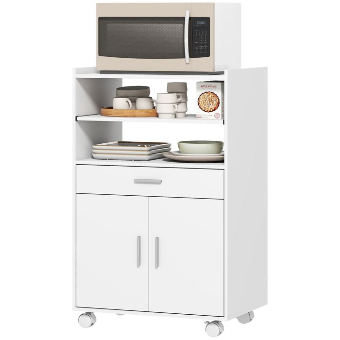 LIA Chariot de cuisine sur roulettes desserte micro-onde à roulettes avec placard tiroir étagères 59 x 40 x 92 cm blanc