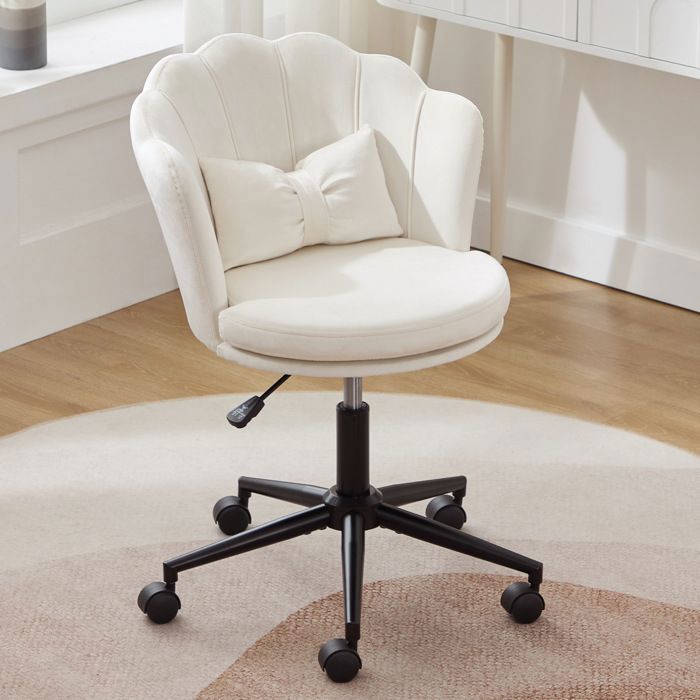 Chaise de bureau 55x62x73-83 cm EVRYAE - hauteur reglable rotation 360 degres et coussin lombaire - Velours - Beige