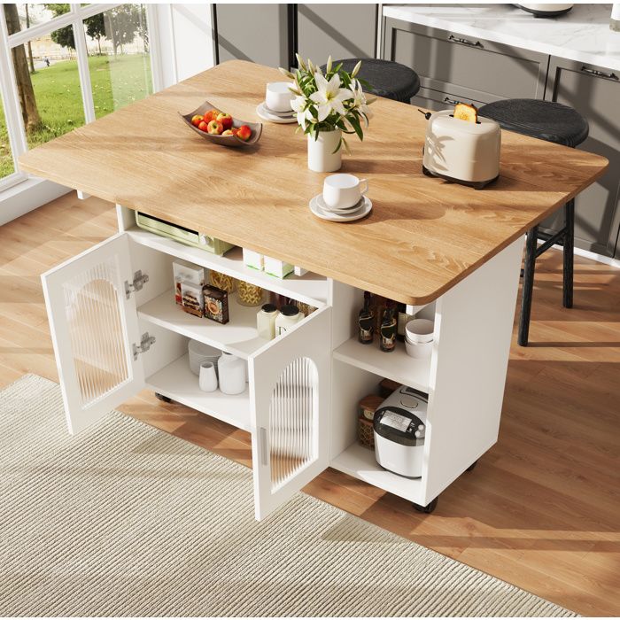 Desserte de cuisine 120x30-70x79.5 cm plateau rabattable roulettes MDF et verre blanc