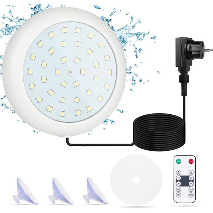 Lumiere Piscine Hors Sol Lumiere Piscine 10W Lumière Blanche avec Télécommande RF et Ventouse Lampe 6000K 12V AC/DC IP68 Étanche 16