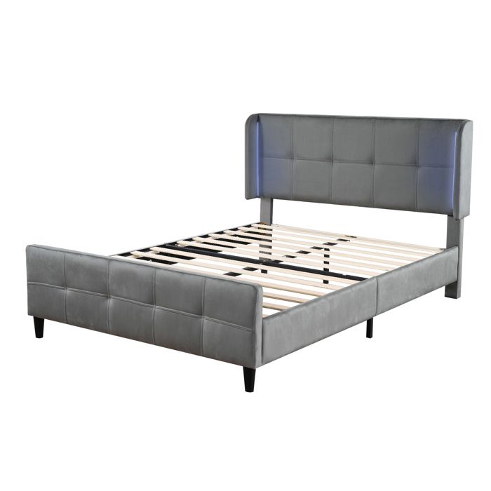 Lit double capitonné 140 x 200 cm en velours gris avec LED 16 couleurs et tête réglable