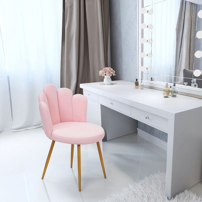 Chaise de coiffeuse en forme de pétale fauteuil à oreilles de salon Revêtement en flanelle pieds en métal 50 × 50 × 80 cm rose