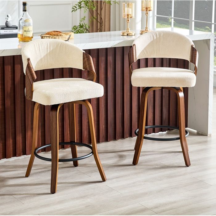 HOMVRA Lot de 2 Tabourets Tabourets de Bar avec Dossier en Bois et Tissu Blanc