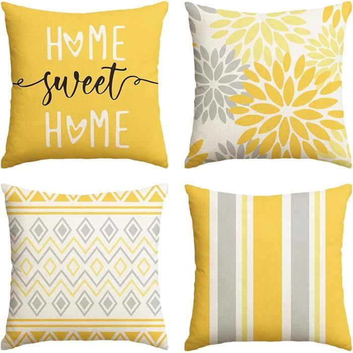 Ensemble de 4 housses de coussin géometriques jaunes aux dahlias de printemps 40x40 cm 40 x 40 cm (Lot de 4) Jaune