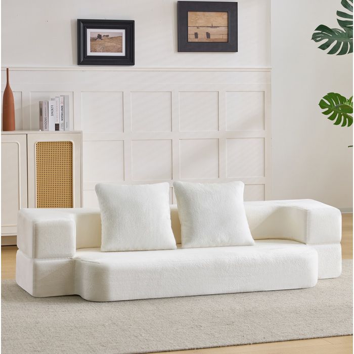 Canapé convertible pliable 2 places blanc sans montage mousse haute densité avec 2 coussins 190 x 104 cm