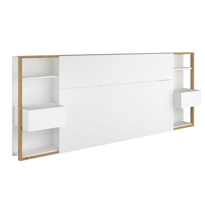 Tête de lit avec chevets suspendus et tablettes blanc et aspect bois - KATELL Tête de lit avec chevets suspendus et tablettes blanc et aspect bois - KATELL