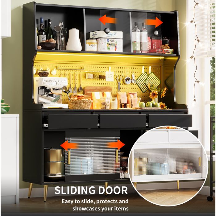 Modenuit Buffet haut 1449 x 39 x 171 cm avec LED portes coulissantes en verre strié noir