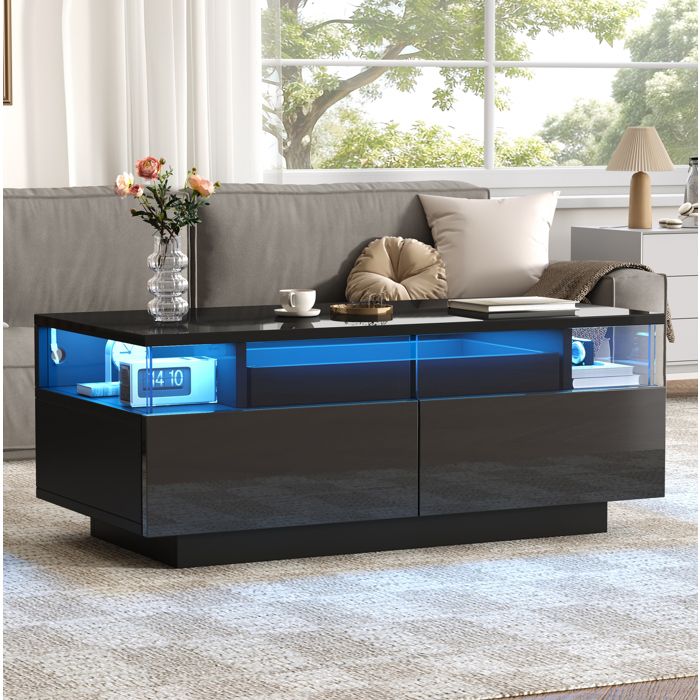 WUVRIE Table basse 90 x 45 x 355 cm noir brillant avec 2 tiroirs plateau amovible LED et verre trempé
