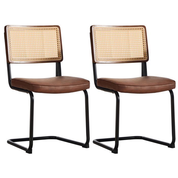 Lot de 2 Chaises Salle à Manger en Similicuir - Dossier en Rotin - Base Métal - Chaises Cantilever - Marron