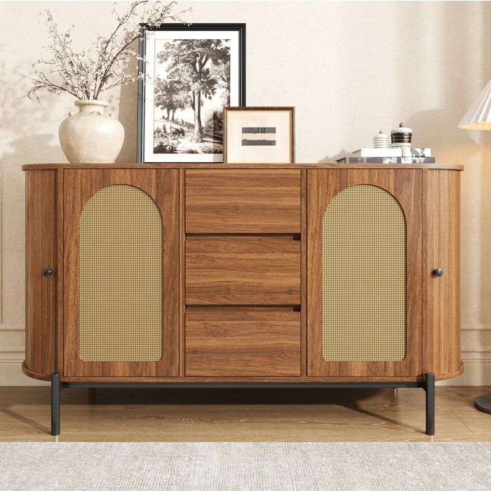 ROVRYN Buffet ovale aspect bois noyer et cannage 2 portes 3 tiroirs étagères réglables 140 x 38 x 775 cm
