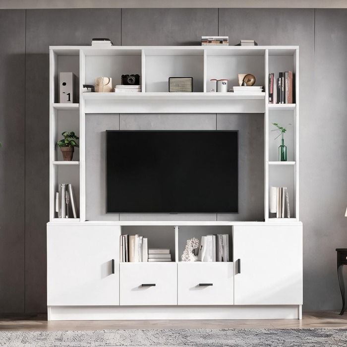 Meuble TV compact 180x35x170 cm en panneau de particules blanc 11 niches 2 portes 2 tiroirs salon et chambre