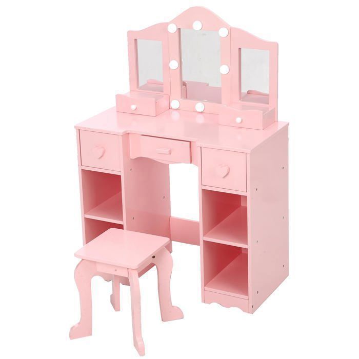 Coiffeuse enfant avec miroir amovible et tabouret – Table de maquillage en bois MDF avec espace de rangement-99 x 70 x 34 cm-rose