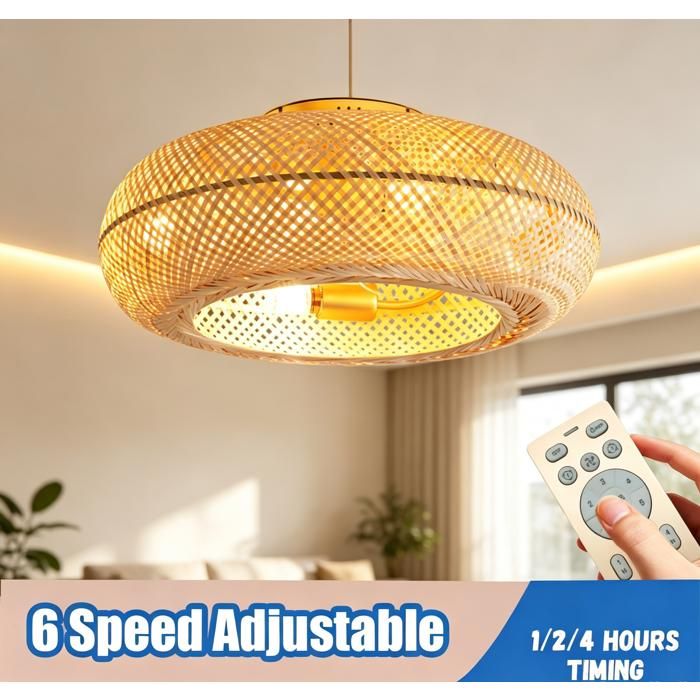 Ventilateur Plafonnier Rotin Bambou Ventilateur de plafond Vintage Cage Oiseau 6 Vitesses Minuterie 1/2/4h Invisible 50W