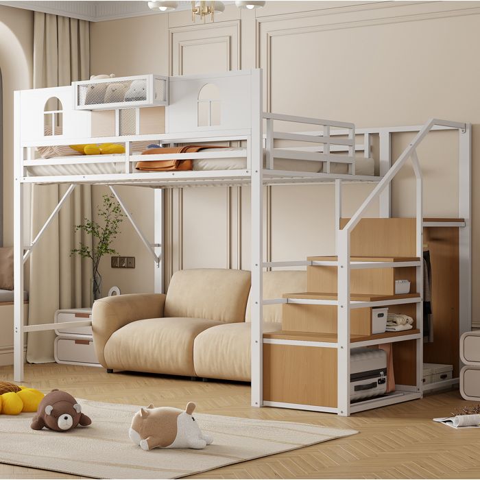Lit mezzanine 2 places 140×200 cm échelle de rangement et tablette intégrée - ELVMI - sans matelas métal et MDF - blanc