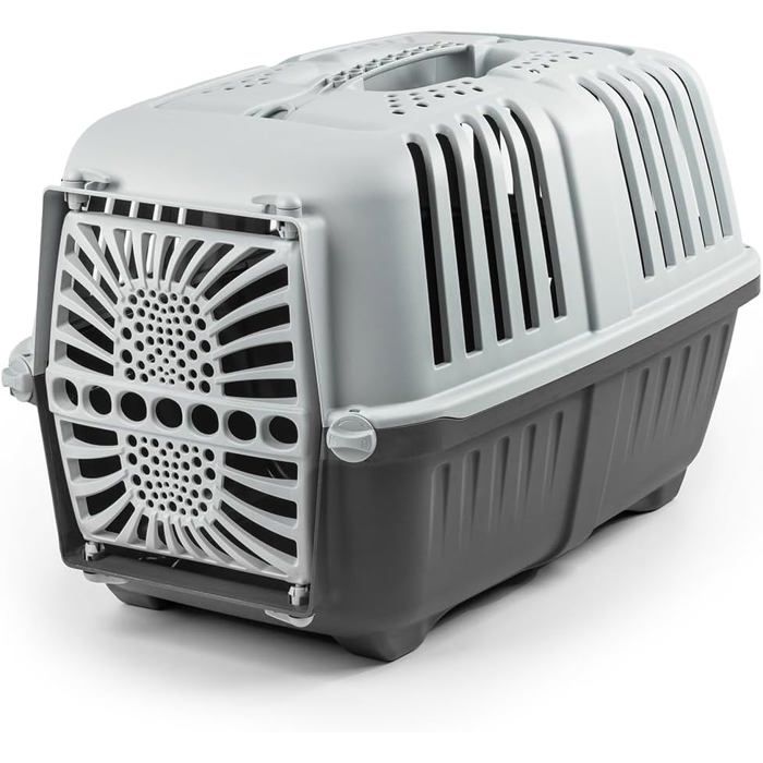 Caisse transport chien et chat en plastique recyclé 55 x 36 x 36 cm poignée fermeture sécurisée jusquà 15 kg gris